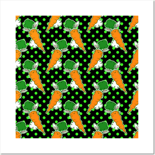 Carrot Bunny Green and Black Polk-a-dot Pattern Posters and Art